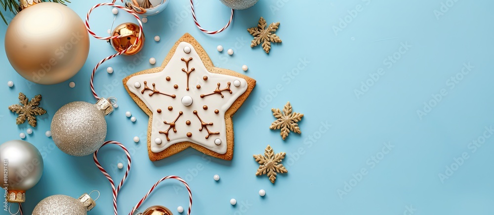 Aufkleber christmas decorations and a delicious cookie displayed on a blue background with copy space image