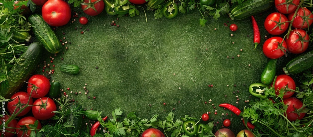 Poster autumn themed frame with fresh vegetables like tomatoes cucumbers and paprika on lush green grass id