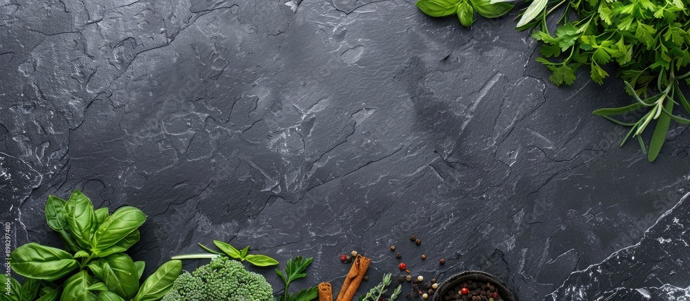Fototapete Assorted herbs spices and greens for cooking displayed on a black slate table background viewed from above with empty space for text or image insertion. Creative banner. Copyspace image