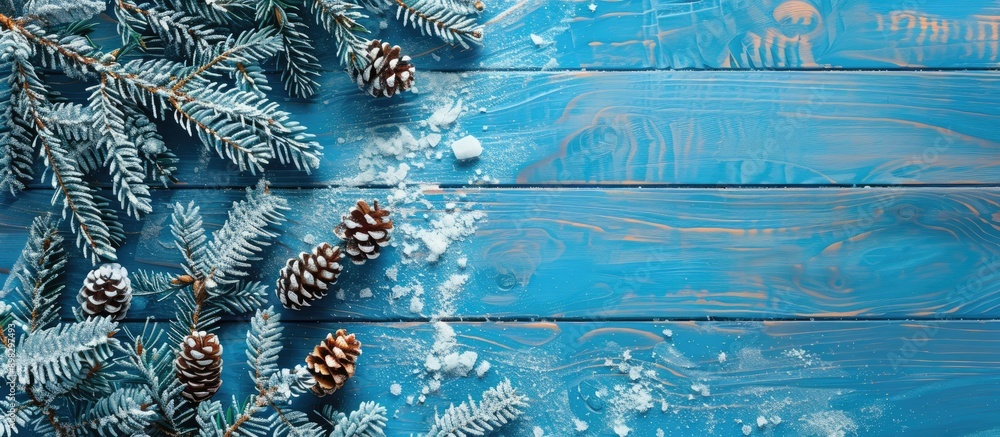 Poster blue wooden texture with fir branches cones and snow for winter christmas vibe suitable for copy spa