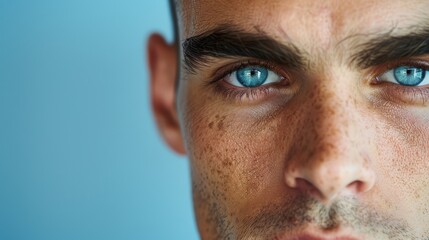 Obraz premium A tight shot of a man's face, his blue eyes piercing the camera lens, adorned with freckles