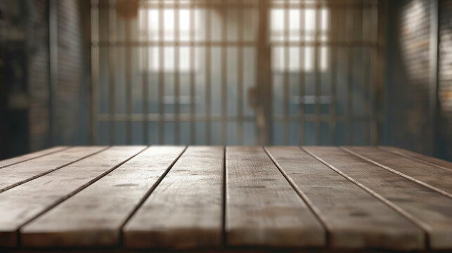 close up of empty wooden table with blurred jail prison room background