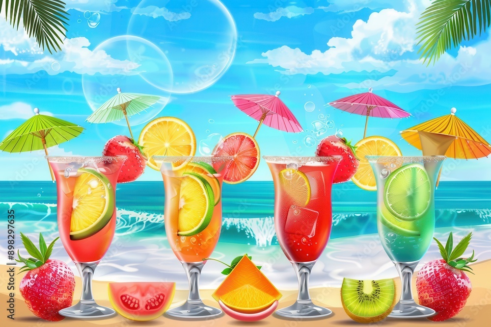 Poster a group of colorful cocktails, each garnished with fruit and topped with a small umbrella, sits on a