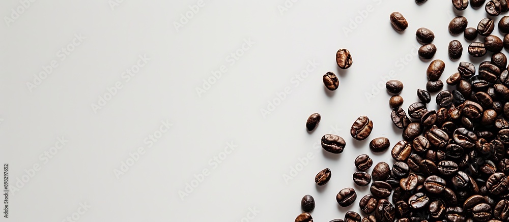 Poster coffee grains seen in a copy space image on a white surface