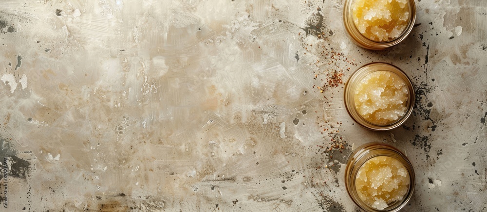 Poster Body scrub jars displayed on a grunge background with copy space image