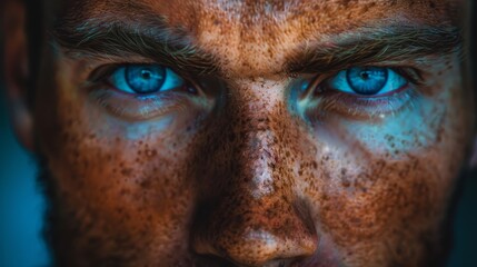  A tight shot of a man's face adorned with authentic-looking freckles painted on