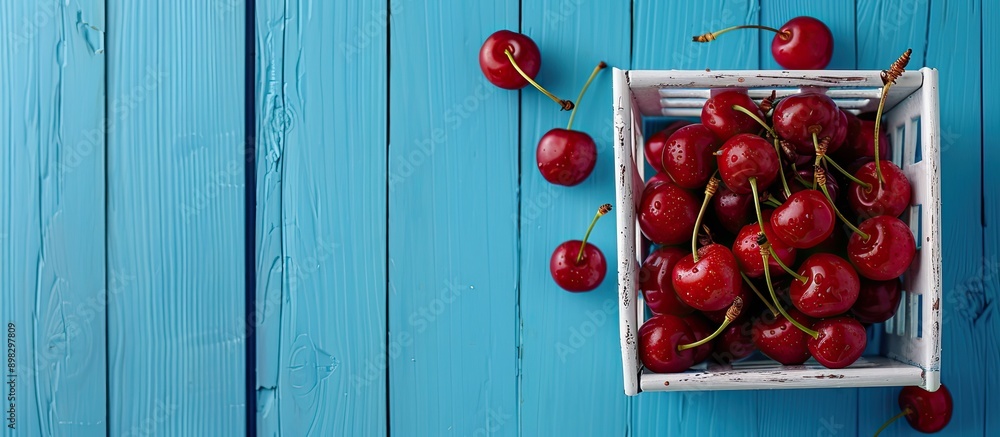 Aufkleber cherries placed in a white basket against a blue wooden backdrop in a close up top view with ample c