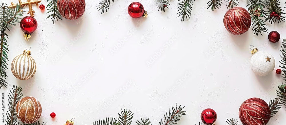Poster top view flat lay of decorative frame on white backdrop with tinsel and christmas balls ideal for ho
