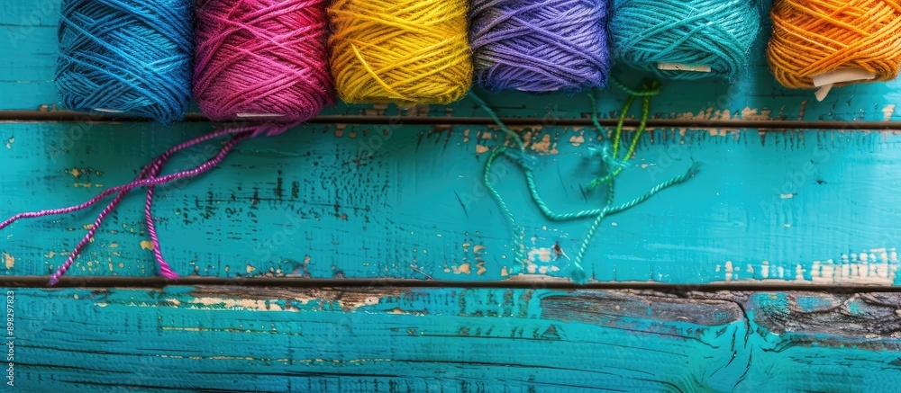 Poster colorful threads used for decoration on a vibrant wooden backdrop perfect for a copy space image
