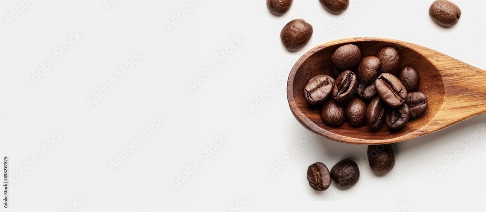 Poster coffee beans displayed on a wooden spoon against a white background with ample copy space image