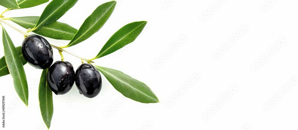 Poster with copy space image a black olive on a branch contrasts beautifully against the background for you