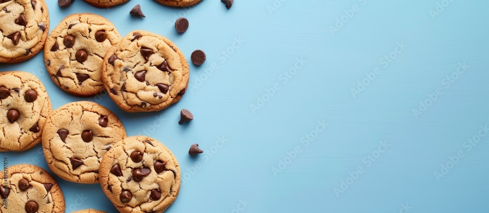 Aufkleber chocolate chip cookies arranged on a blue backdrop with copy space image