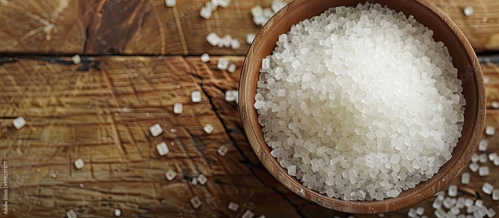 Poster close up of granulated sugar in a bowl on a wooden table providing copy space image
