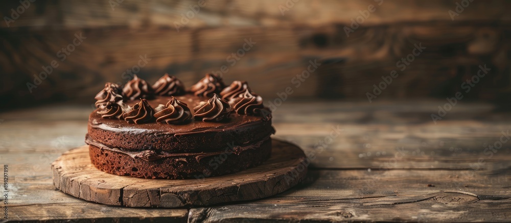 Poster delicious chocolate cake topped with creamy whipped chocolate butter on a rustic wooden table with a