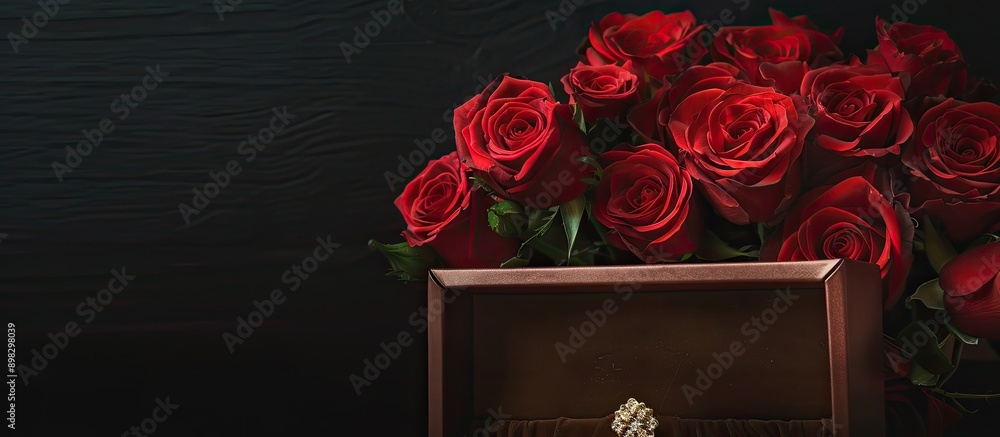 Poster Top view of a bouquet of red roses and an open brown jewelry box against a black background with a space intended for text or other images in the frame. Creative banner. Copyspace image