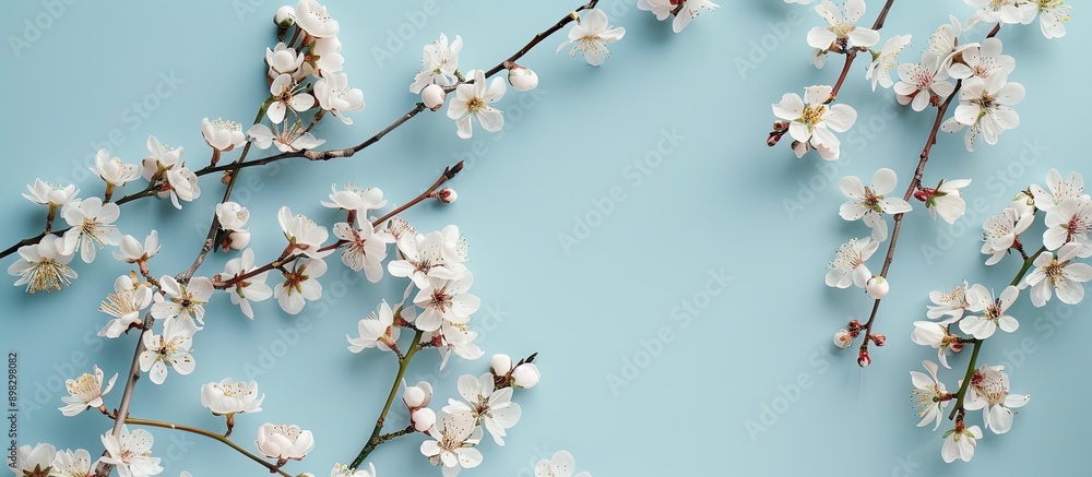 Poster A view of delicate spring twigs with white blossoms on a blue backdrop from above creating a flat lay composition with copy space perfect for a card featuring pretty pink flowers