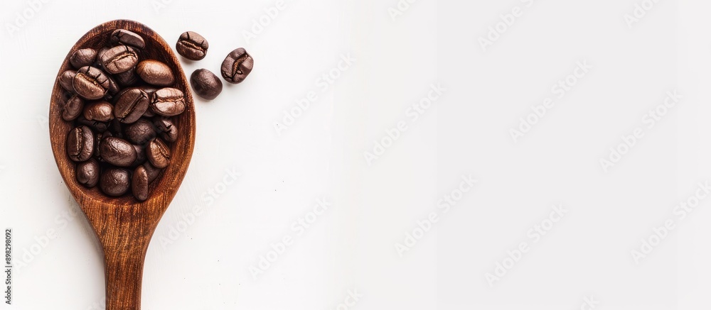Poster Coffee beans displayed on a wooden spoon against a white background with ample copy space image