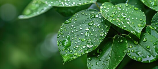 Fototapeta premium Close up focus on dew covered green leaves in a forest setting with copy space image available