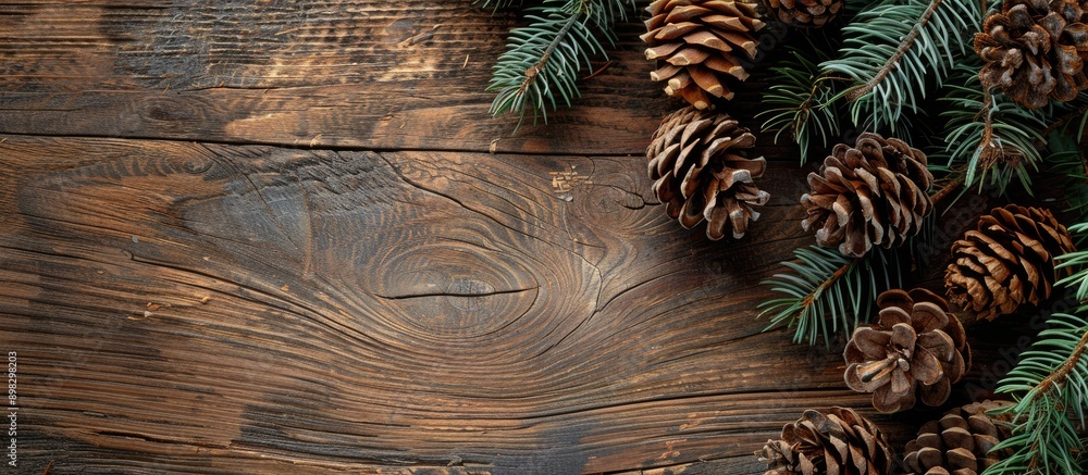 Aufkleber Top view of a composition with pine cones and spruce branches on a wooden backdrop ideal for a copy space image