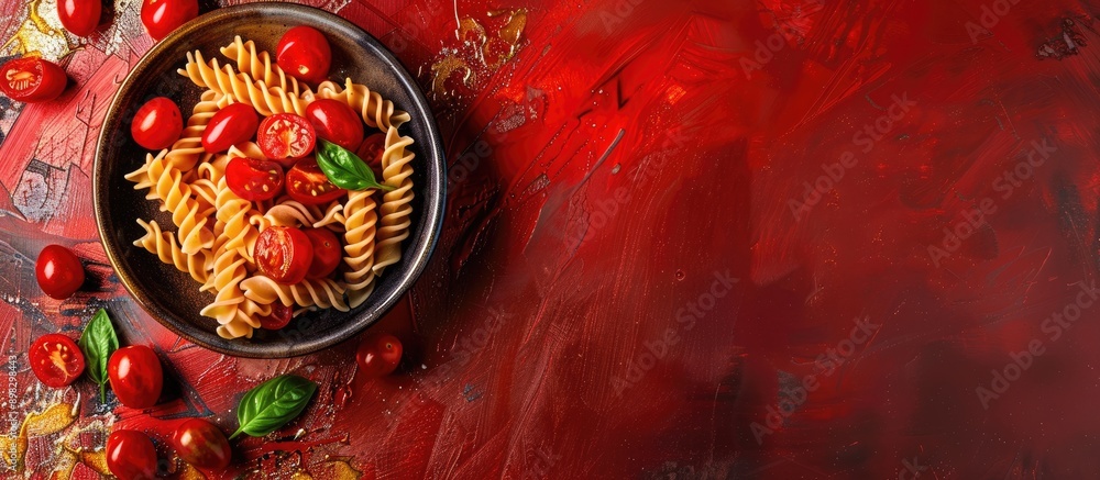 Poster bowl with raw pasta and cherry tomatoes displaying an appealing copy space image