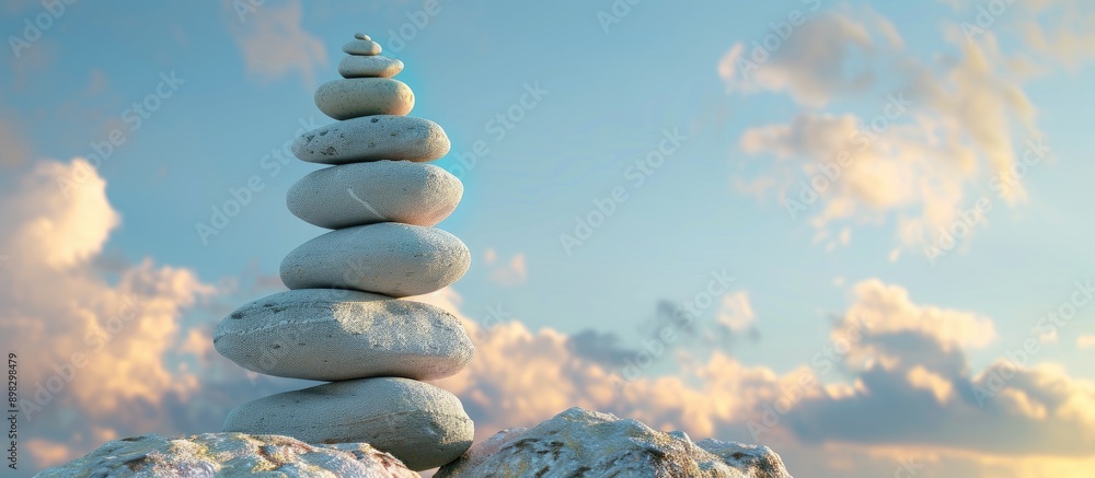 Poster create a serene concept of zen and calm by balancing a stone on a stack of rocks against a blue sky 