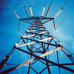 High-Voltage Transmission Tower Against Clear Blue Sky Illustrating Electrical Power Distribution
