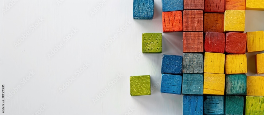Aufkleber Colorful wooden building blocks arranged neatly on a white backdrop with ample copy space image