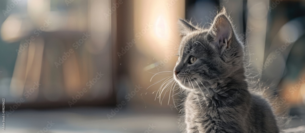 Poster adorable gray kitten staring to the side in a copy space image