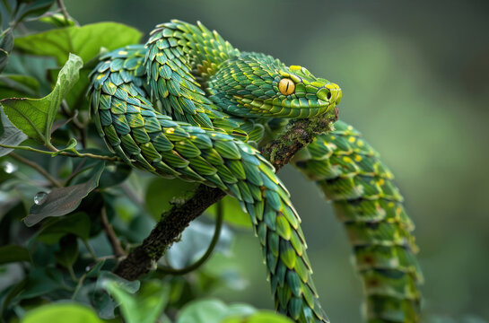 Green snake covered with scales on a branch. Green Chinese dragon. Blurred background