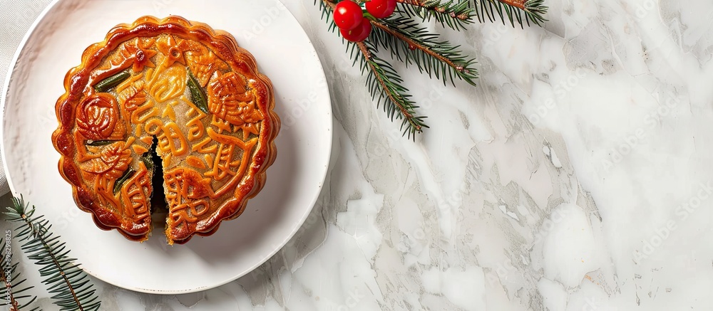Poster classic moon cake with a filling of green beans and salted eggs shown in a copy space image