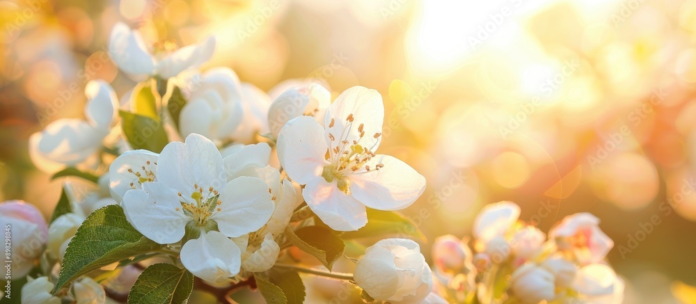 Aufkleber Close up macro shot of white apple trees in blossom under the sunny light creating a beautiful summer spring background Appreciating nature with copy space image