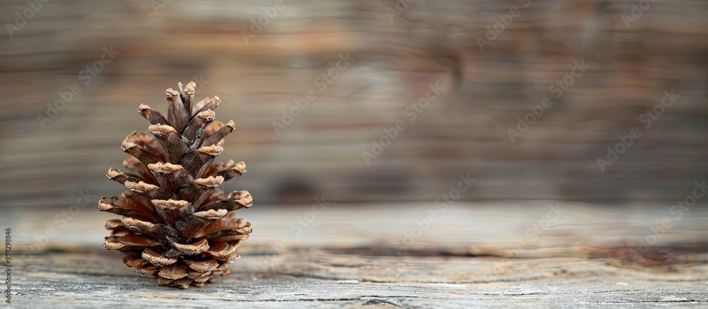 Poster close up pine cone against a wood texture with copy space image