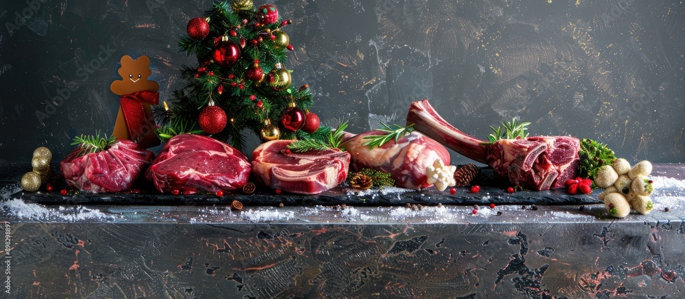 Aufkleber Christmas themed display of assorted raw beef steaks like Ribeye tomahawk T bone on a stone backdrop with tree toys and room for your text in the copy space image