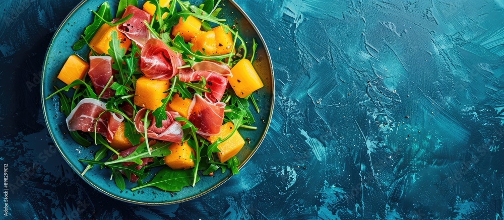 Poster Top down view of a colorful salad featuring cantaloupe prosciutto cheese and arugula on a blue backdrop with space for text or images. Creative banner. Copyspace image