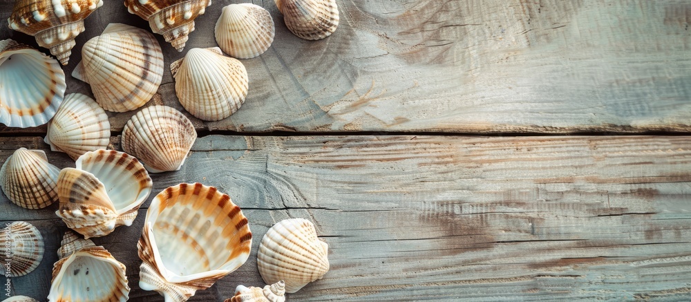 Poster a close up top view of sea shells on a wooden background in retro style with toned coloring creating