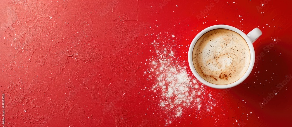 Poster Flat lay of coffee cup with frothy foam on red backdrop featuring copy space image