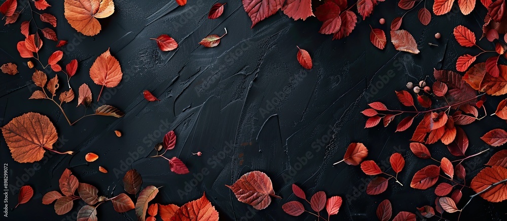 Aufkleber an artistic flat lay autumn arrangement featuring red and orange leaves on a chic black backdrop wit