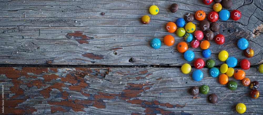 Poster colorful candies are placed on a weathered wooden surface next to a blank space for text or image in