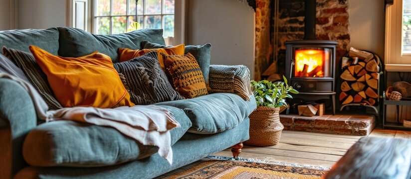 Beautiful lounge in a family home showing sofas and a log burner with copy space image