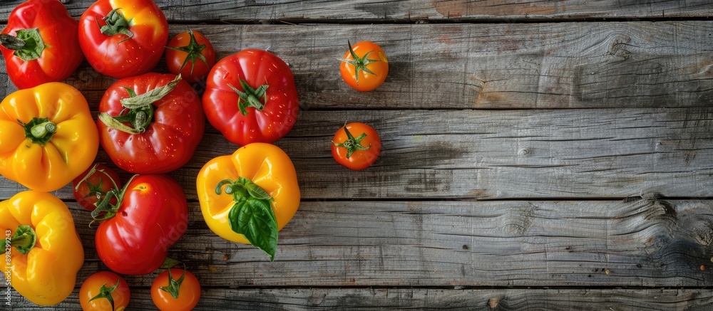 Aufkleber top down view of organic farm grown tomatoes and sweet peppers arranged on a wooden backdrop with a 