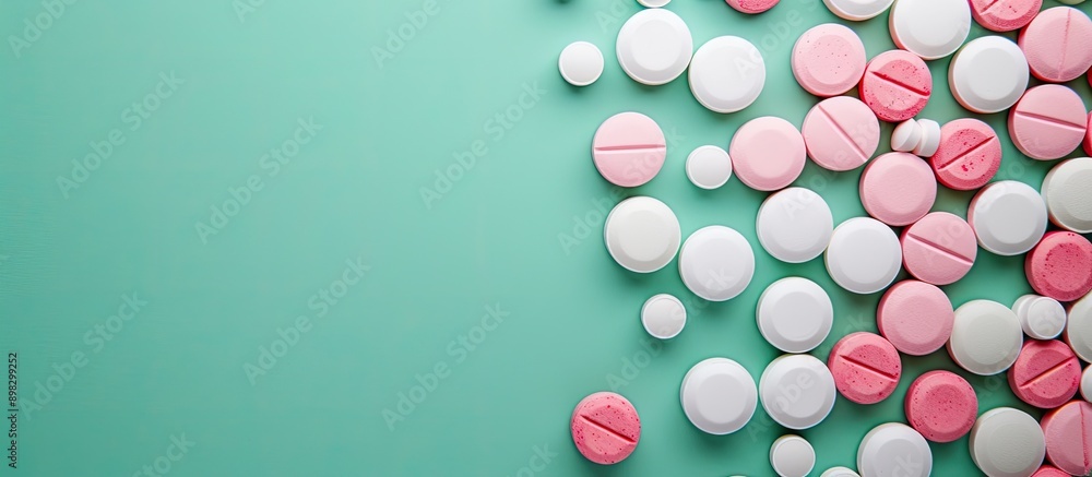 Poster bulk white and pink tablets on a green background with copy space image