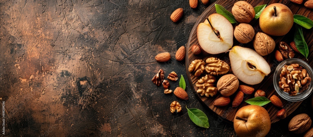 Poster bright background with sliced pear almonds walnuts on a wooden board depicts a healthy and vegetaria