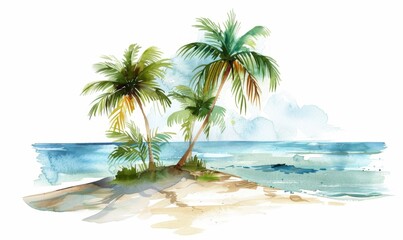 Obraz premium Tropical Summer Paradise: AI-Generated 4K Wallpaper of Watercolor Palm Trees on Idyllic Beach. Vibrant Illustration for Holiday Travel, T-shirt Design, and Joyful Vacation Vibes. Isolated on White Bac