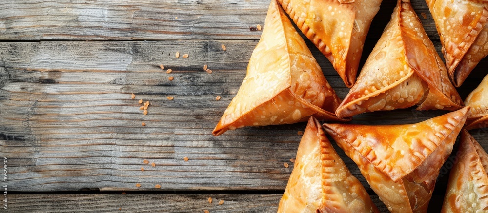 Poster Top view of delicious Samsa samosas filled with chicken fillet and cheese set on a wooden surface creating a visually appealing copy space image