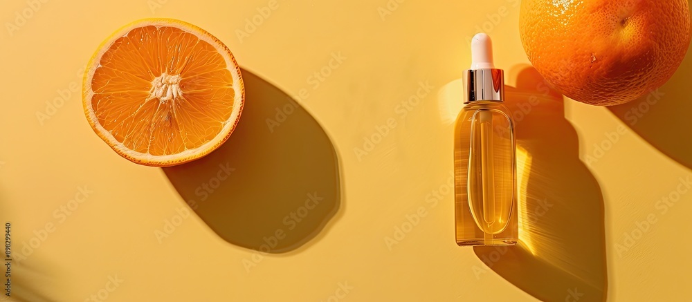 Poster citrus cosmetics enriched with vitamin c displayed in a bottle on a vibrant yellow backdrop with a f