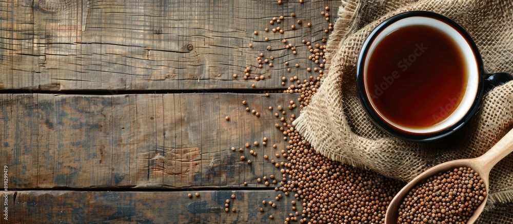 Leinwandbilder flat lay of buckwheat tea and granules on a wooden table with space for text beside the image. creat