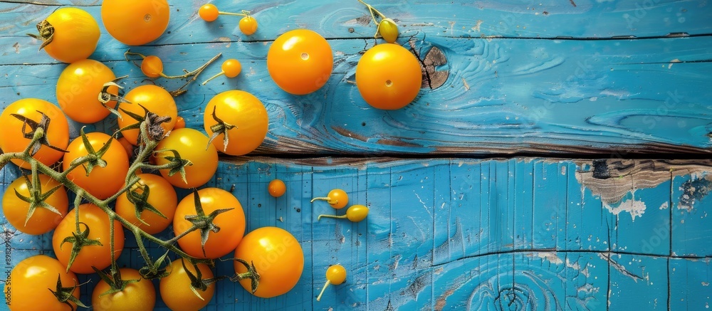 Poster top view of a blue wooden table adorned with ripe yellow tomatoes providing ample copy space image