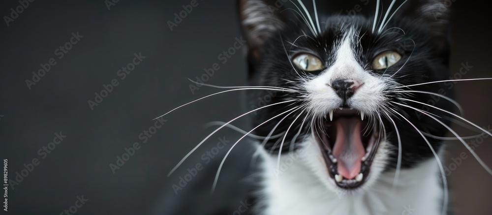 Poster Close up view of a black and white cat s face with open mouth emphasizing copy space image