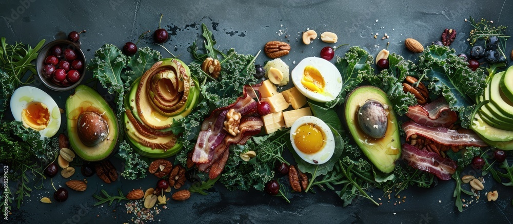 Aufkleber an appetizing assortment of ingredients like kale bibb lettuce nuts fruits vegetables bacon cheese a