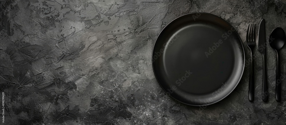 Fototapete top view of a black plate and cutlery on a stone table set up with empty space for text or other ele